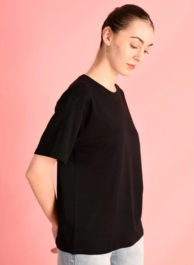 Styli Women Black Solid Relaxed Fit T-Shirt By Bene Kleed