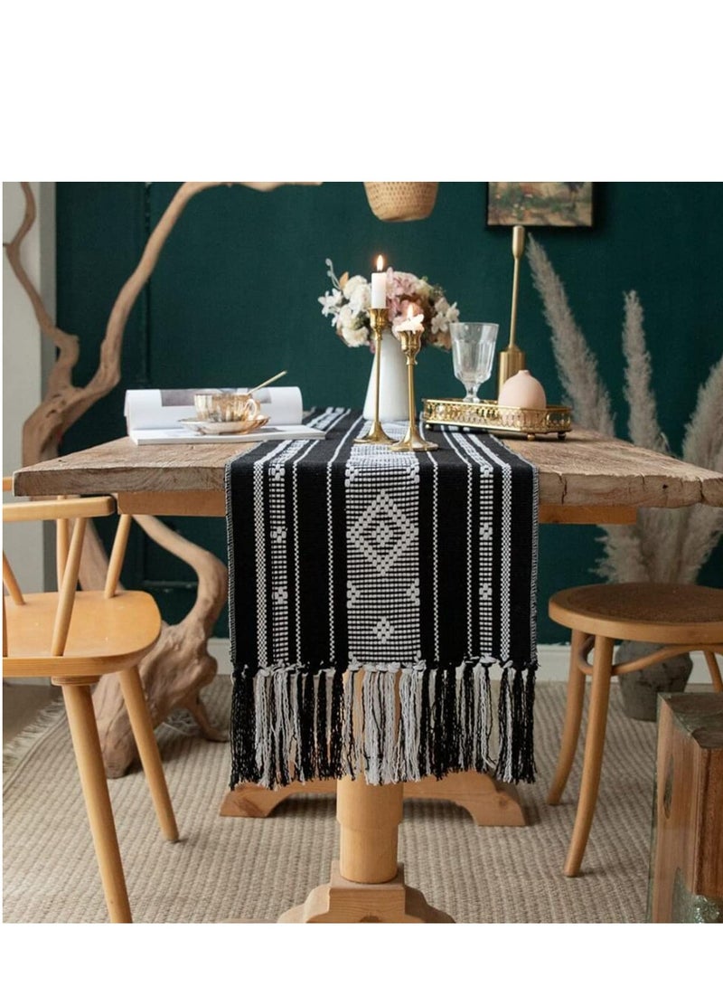 SYOSI Boho Table Runner with Tassel 13.5 71Inch Farmhouse Style Woven Table Runners Linen Table Runner for Bedroom Party  Black and White - Image 1