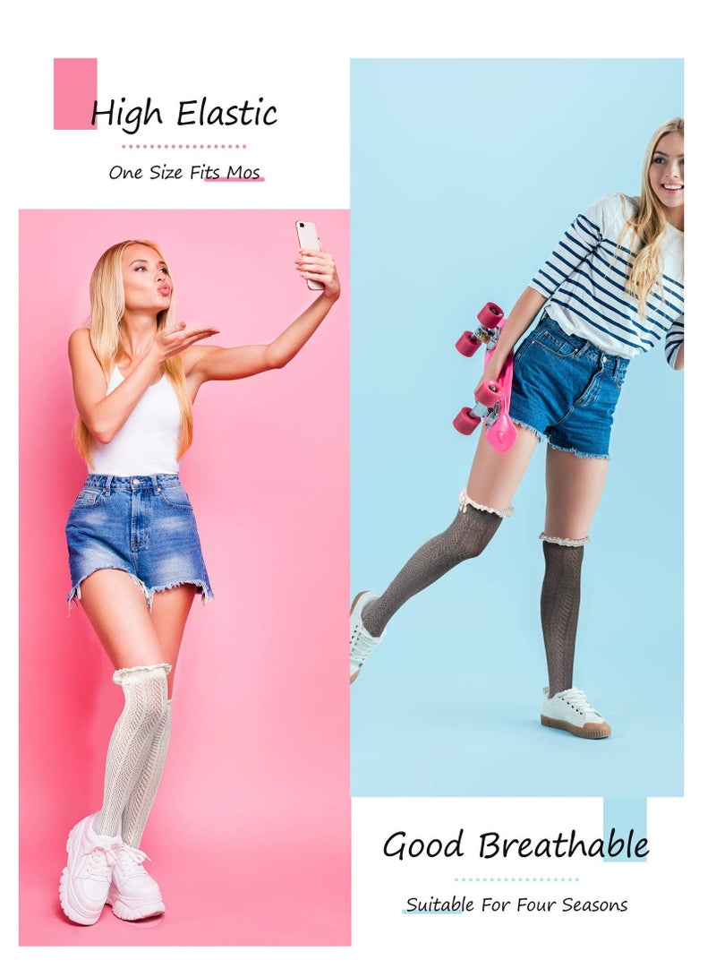 Y&D 3 Pairs Women's Extra Long Button Boot Socks with Lace Trim Over the Knee Thigh High Stockings - Image 2