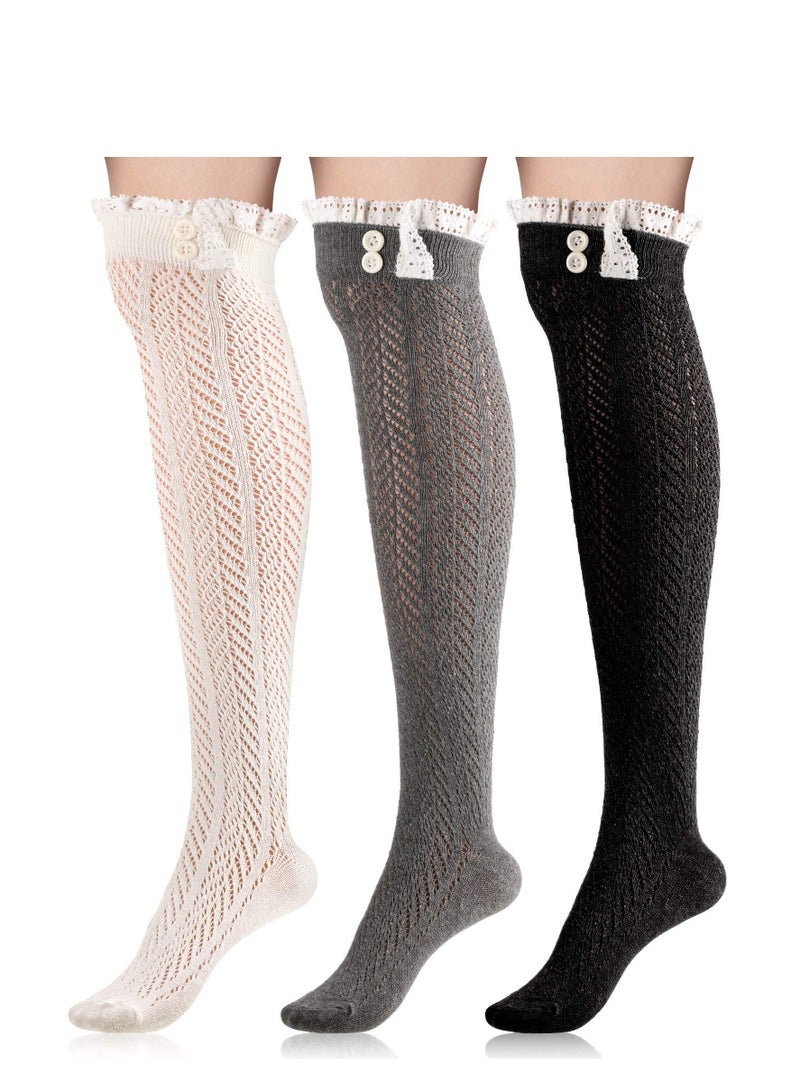 Y&D 3 Pairs Women's Extra Long Button Boot Socks with Lace Trim Over the Knee Thigh High Stockings - Image 1