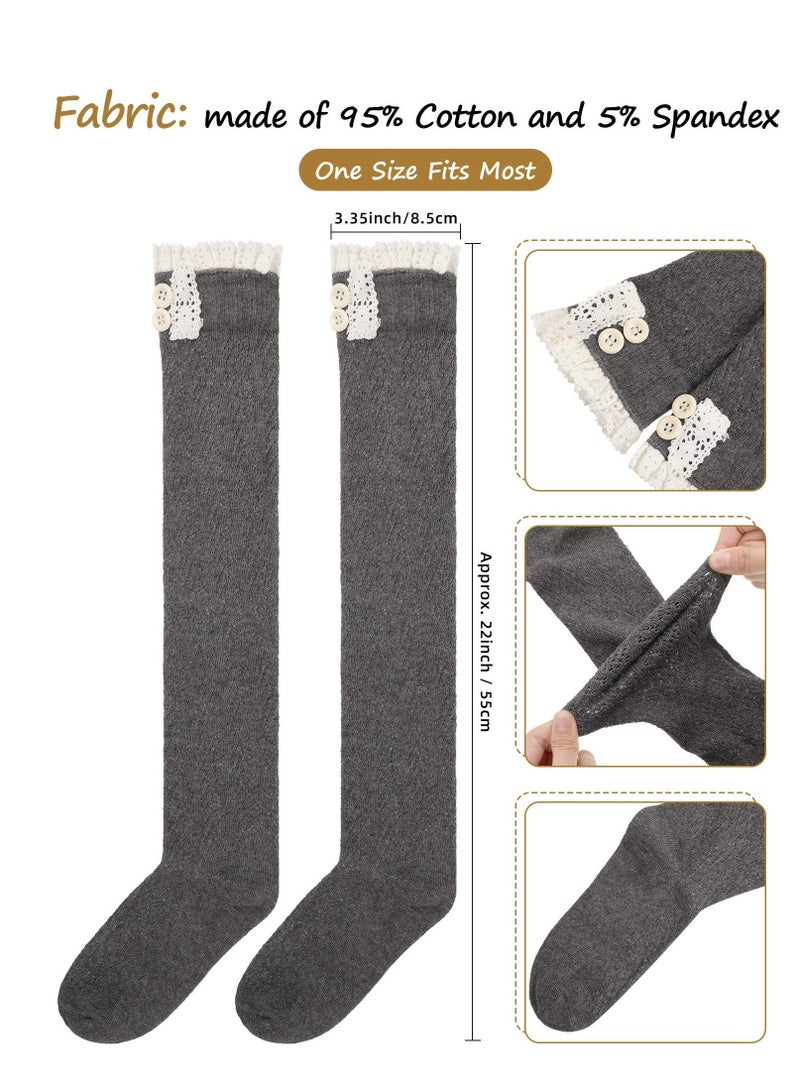 Y&D 3 Pairs Women's Extra Long Button Boot Socks with Lace Trim Over the Knee Thigh High Stockings - Image 4