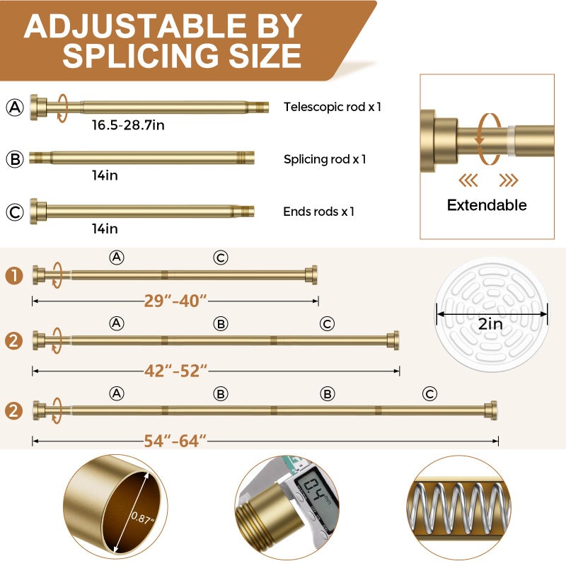 AIZESI Gold Tension Curtain Rod 30-63Inch 1PCS,Spring Tension Rod No Drilling Non-Slip Adjustable Tension Curtain Rod,Spring Loaded Rod Extendable Tension Rod For Windows Doorway Bedroom - Image 2