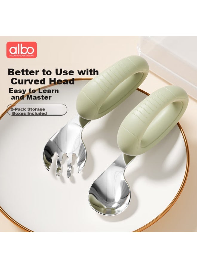 Albo Children'S Spoon Baby Learning To Eat Tableware Stainless Steel Fork And Spoon Set Baby Silicone Short Handle Training Supplementary Food Spoon - Image 1