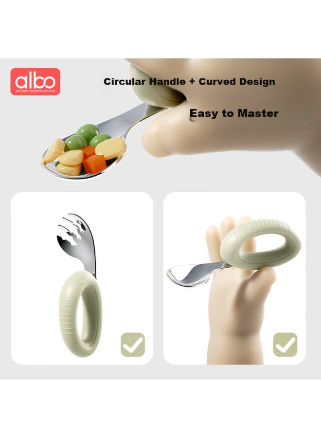 Albo Children'S Spoon Baby Learning To Eat Tableware Stainless Steel Fork And Spoon Set Baby Silicone Short Handle Training Supplementary Food Spoon - Image 2