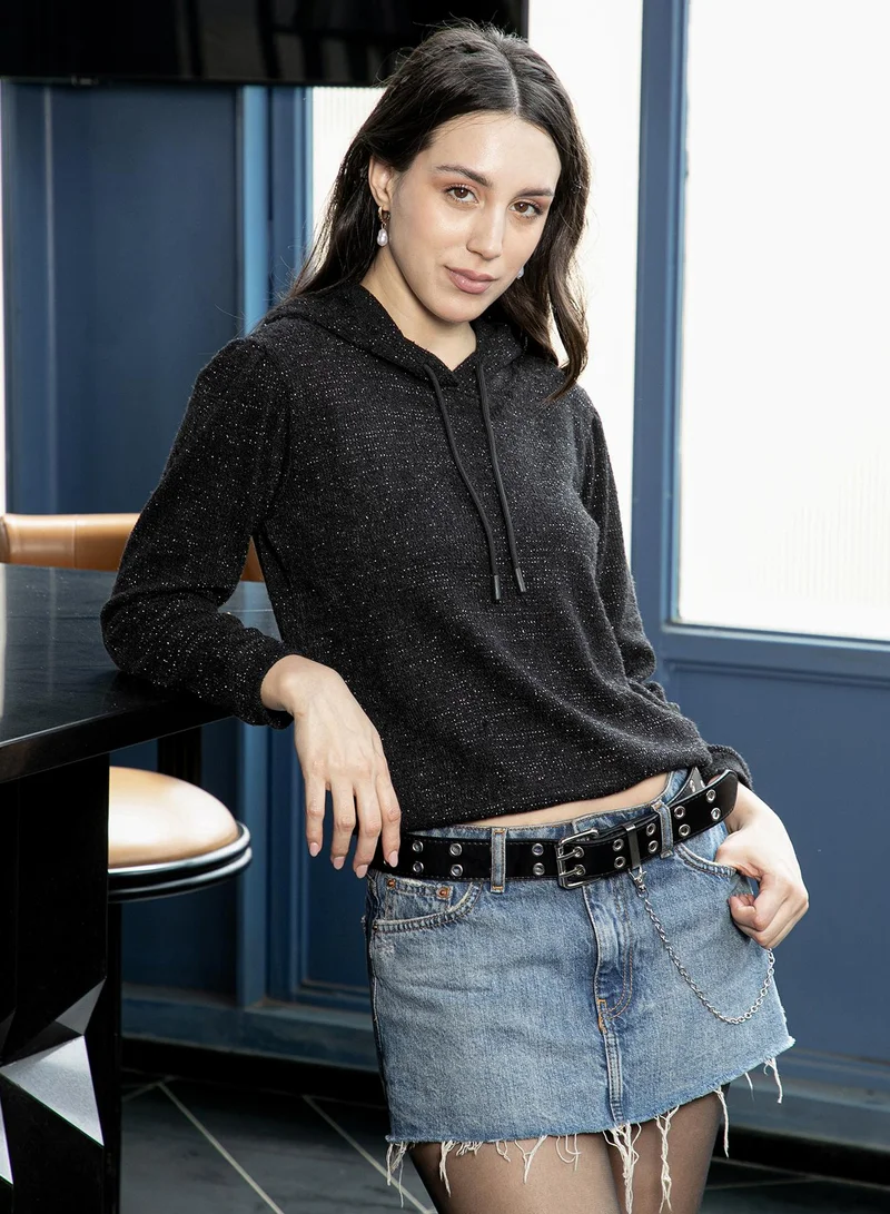 PINACOLADA  Women's Obsidian Black Jacquard-Knit Regular Pullover Hoodie | نساء | طوق بغطاء رأس | أكمام طويلة | نقش سادة | كاجوال ويومي | سويتشيرت for Women | Best Price UAE