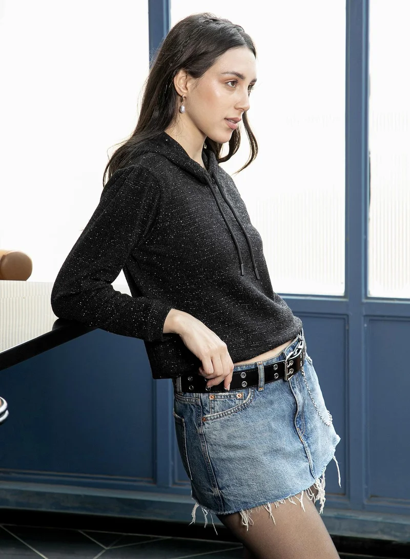 PINACOLADA  Women's Obsidian Black Jacquard-Knit Regular Pullover Hoodie | نساء | طوق بغطاء رأس | أكمام طويلة | نقش سادة | كاجوال ويومي | سويتشيرت for Women | Best Price UAE