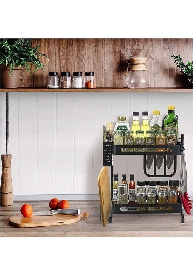 RollsTimi  2-Layer Stainless Steel Storage Rack Kitchen Spice Storage Rack, Can Hold Knives, Chopsticks And Cutting Boards, Black - Image 2