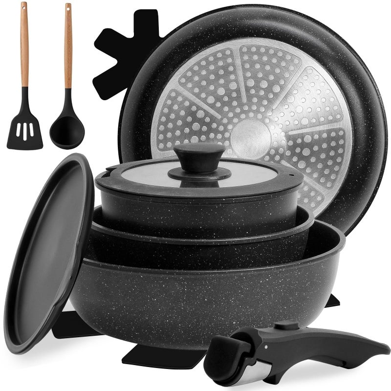 Numola 10 pcs Pots and Pan Set Non Stick with Detachable Handle, Ceramic Cookware Set for Stackable, Induction Kitchen Cookware Set for RV, Dishwasher ï¼† Oven Safe, Black - Image 1
