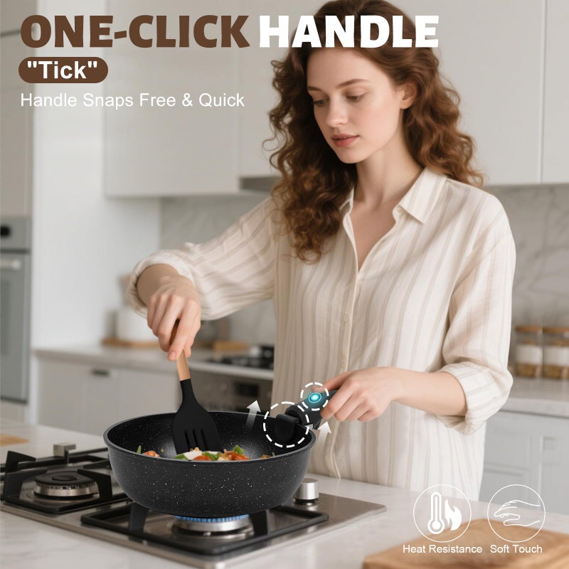 Numola 10 pcs Pots and Pan Set Non Stick with Detachable Handle, Ceramic Cookware Set for Stackable, Induction Kitchen Cookware Set for RV, Dishwasher ï¼† Oven Safe, Black - Image 2
