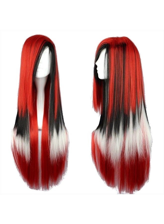 crazy cart Straightened length 27.6" Wig mixed color Long Curly Wavy Hair Women and Girl Cosplay Party Costume Wig(Red, Black, White) - Image 1