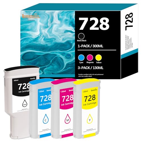 728 Ink Cartridges 4Pack 300ml Matte Black 130ml CyanMagentaYellow Lomenti Compatible HP 728 Ink Cartridge F9J68A F9J67A F9J66A F9J65A for DesignJet T830 MFP T730 Large Format Plotter Printer