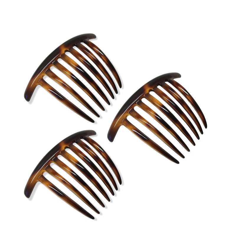 Parcelona French Twist Large Shell Brown 7 Teeth Large Celluloid Acetate Set of 3 Hair Side Combs