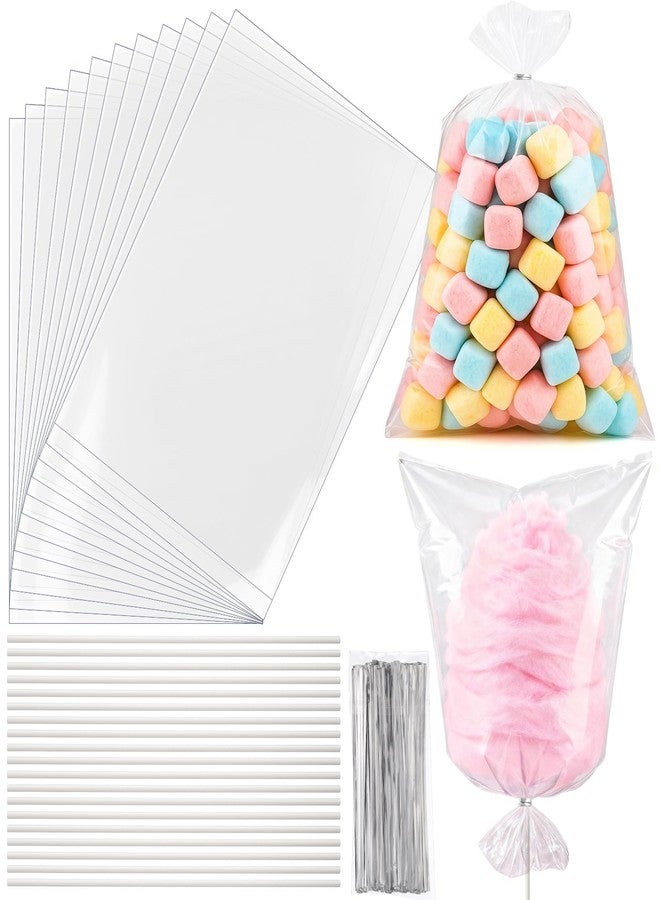 Yexiya 300 Pcs Cotton Candy Bags with Ties and Sticks, 11.8x17.7 Inch Large Clear Cotton Candy Bags Cones Sticks Supplies for Marshmallow Carnivals Christmas Party(White) - Image 1