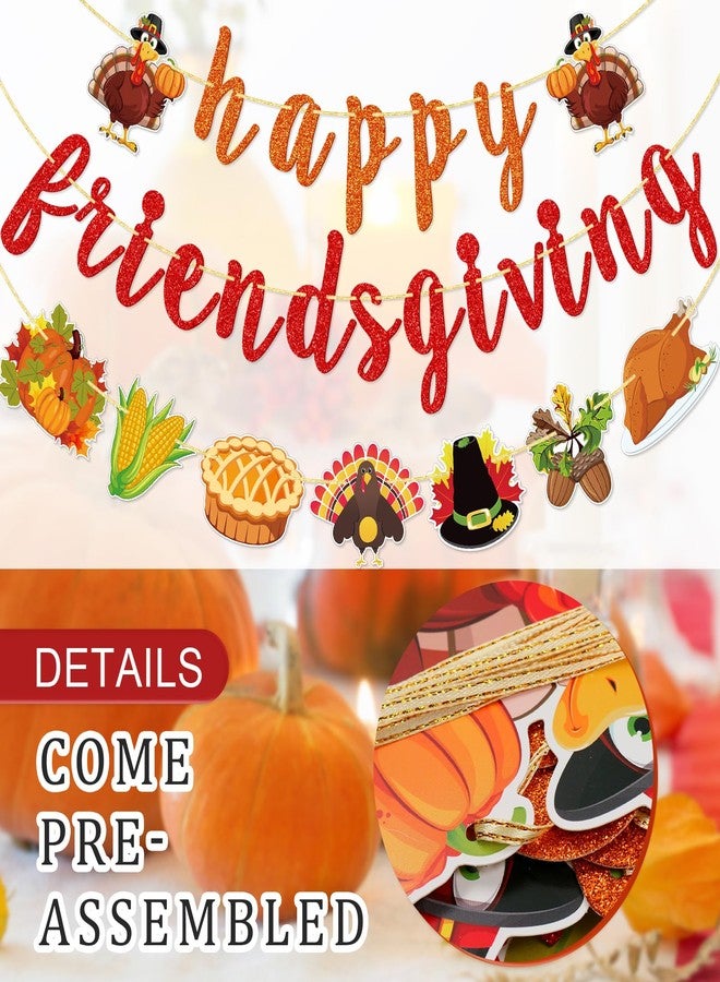 FOZEE لافتة FOZEE Happy Friendsgiving، لافتة حفل عيد الشكر للأصدقاء، زينة ديك رومي لعيد الشكر للأصدقاء، حفل حصاد الخريف، بريق برتقالي وبني - Image 4
