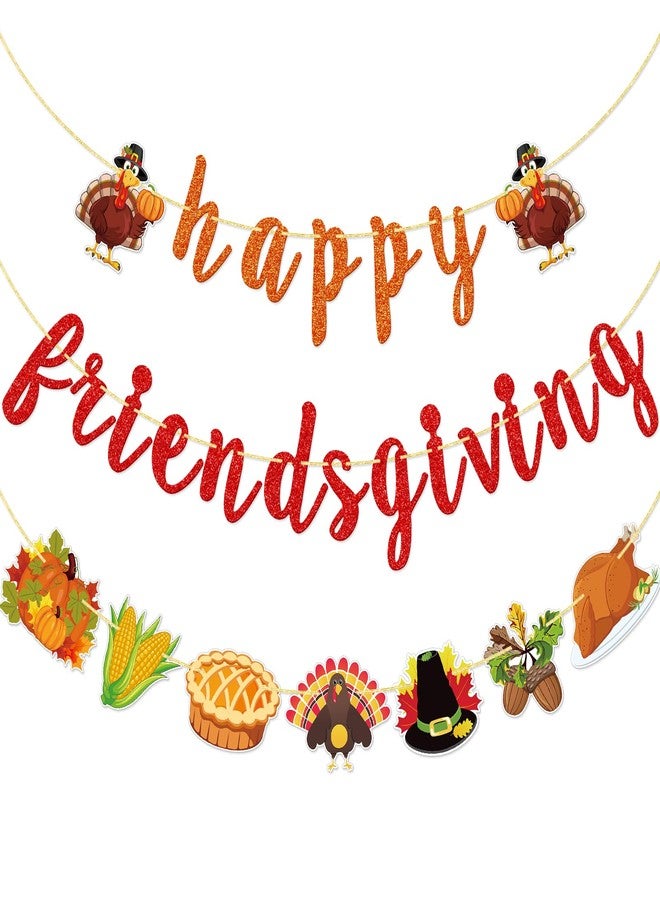 FOZEE لافتة FOZEE Happy Friendsgiving، لافتة حفل عيد الشكر للأصدقاء، زينة ديك رومي لعيد الشكر للأصدقاء، حفل حصاد الخريف، بريق برتقالي وبني - Image 1