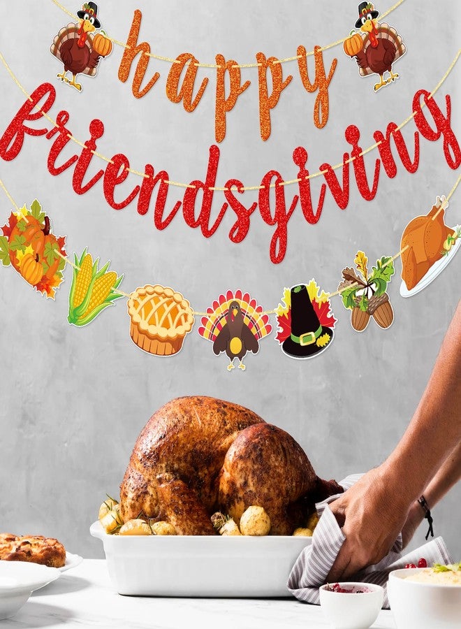 FOZEE لافتة FOZEE Happy Friendsgiving، لافتة حفل عيد الشكر للأصدقاء، زينة ديك رومي لعيد الشكر للأصدقاء، حفل حصاد الخريف، بريق برتقالي وبني - Image 5