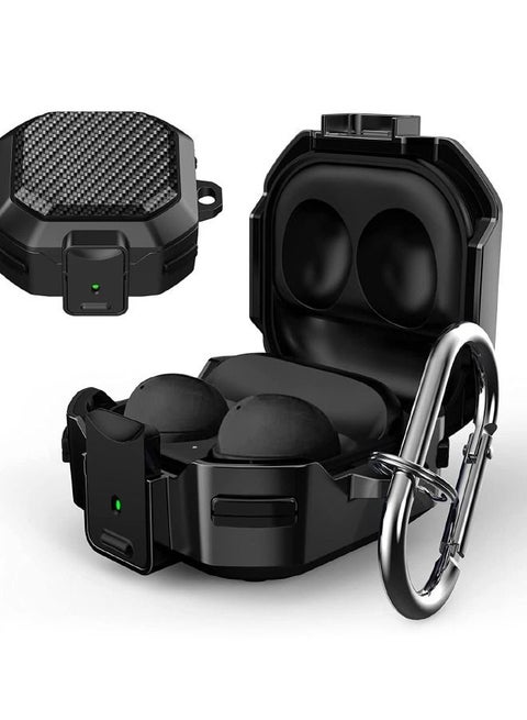 جراب Samsung Galaxy Buds2 Pro / Buds Pro / Buds Live / Buds 2 مع قفل أمان وغطاء من ألياف الكربون وغطاء واقٍ مقاوم للصدمات شديد التحمل مع حلقة تثبيت لسماعات Samsung Galaxy (أسود)