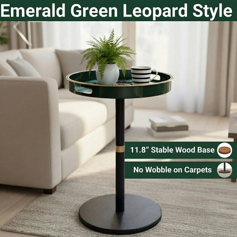 Simmer Stone Boho Round Side Table With Tray Top, Pedestal Drink Table for Small Spaces, Aesthetic Accent Nightstand for Living Room, Bedroom, Corners, and Office (Green leopard) - Image 4