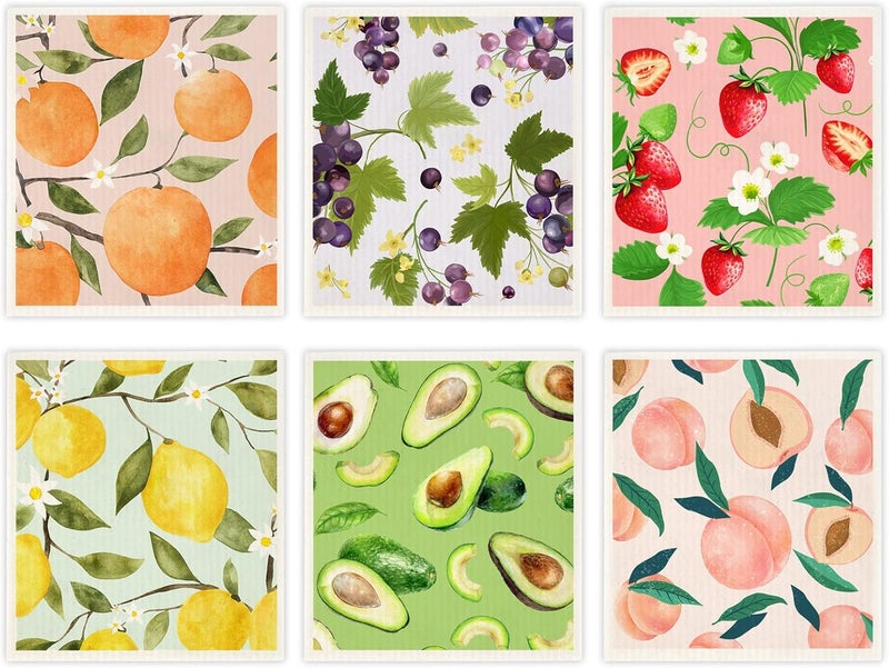 Morigins Mixed Fruit Swedish Kitchen Dishcloths Reusable Dish Towels Absorbent and Fast Dry Cleaning Cloths for Kitchen Cleaning Wipes 6 Pieces - Image 1