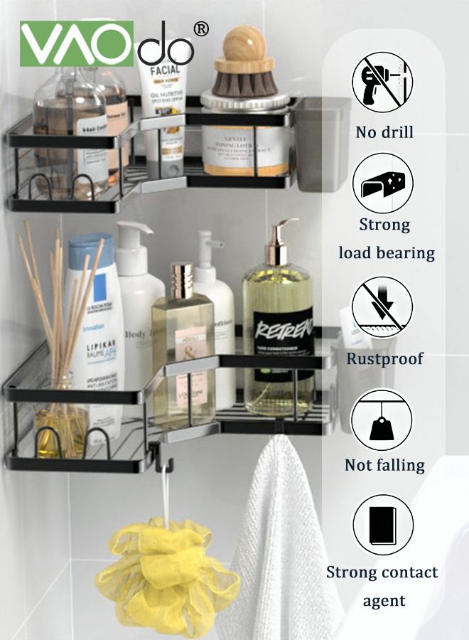 فاو دو 2 حزمة حامل ركن الدش اللاصق لتنظيم الزوايا في الحمامات والمطابخ، مصنوع من الفولاذ المقاوم للصدأ، مزود بخطافات لحامل معجون الأسنان، لا يتطلب حفرًا. - Image 2