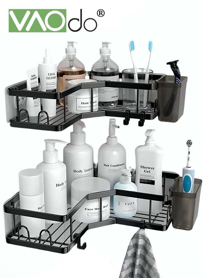 فاو دو 2 حزمة حامل ركن الدش اللاصق لتنظيم الزوايا في الحمامات والمطابخ، مصنوع من الفولاذ المقاوم للصدأ، مزود بخطافات لحامل معجون الأسنان، لا يتطلب حفرًا. - Image 1