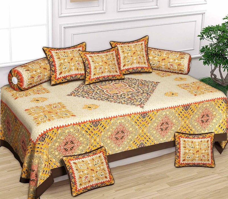 SkyKross - Everyday A New Thing SkyKross Everyday A New Thing Barmeri Abstract Special Pure Cotton Diwan Set 5 Cushion Cover2 Bolster Cover1 Bedsheet Brown - Image 1