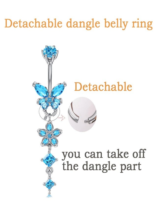 Longita Removable Dangle Belly Button Ring Surgical Steel Hypoallergenic Silver Belly Ring for Women Dangly Navel Piercing Jewelry Dangling Butterfly Flower Trendy Dainty Navel Rings for Women Blue - Image 3