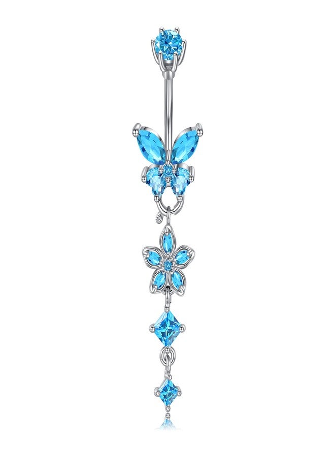 Longita Removable Dangle Belly Button Ring Surgical Steel Hypoallergenic Silver Belly Ring for Women Dangly Navel Piercing Jewelry Dangling Butterfly Flower Trendy Dainty Navel Rings for Women Blue - Image 1
