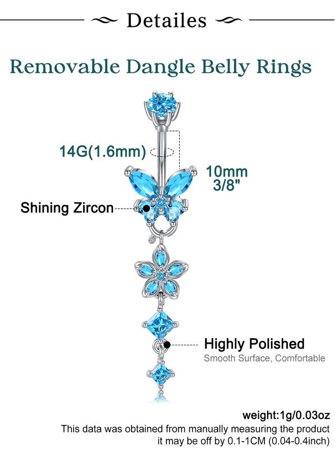 Longita Removable Dangle Belly Button Ring Surgical Steel Hypoallergenic Silver Belly Ring for Women Dangly Navel Piercing Jewelry Dangling Butterfly Flower Trendy Dainty Navel Rings for Women Blue - Image 2