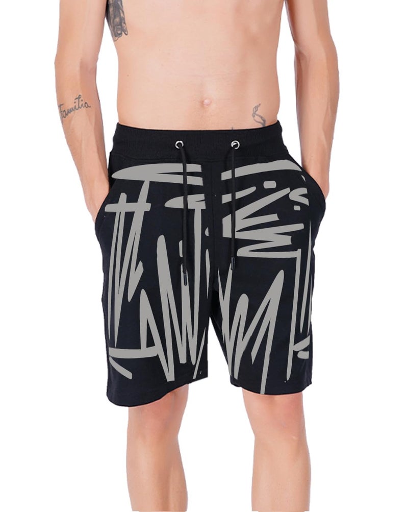 hotfits Men's Casual Printed Black Cotton Regular Shorts, Workout Shorts, Elastic Waist Running Shorts with Pockets - XXL - Image 1
