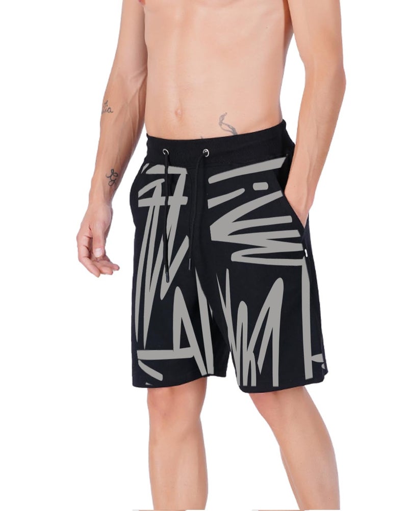 hotfits Men's Casual Printed Black Cotton Regular Shorts, Workout Shorts, Elastic Waist Running Shorts with Pockets - XXL - Image 2
