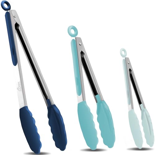HOTEC Premium Stainless Steel Locking Kitchen Tongs with Silicon Tips, Set of 3-7", 9" and 12" (Gradient Blue) - Image 1