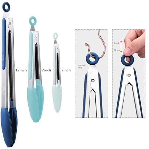 HOTEC Premium Stainless Steel Locking Kitchen Tongs with Silicon Tips, Set of 3-7", 9" and 12" (Gradient Blue) - Image 3