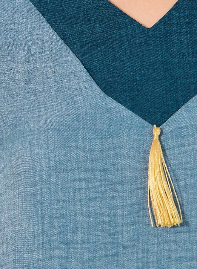 Styli Contrast Cuff Jalabiya with Tassel Detail