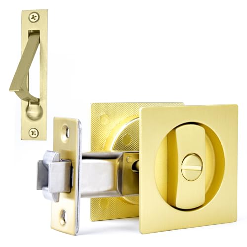 Dontay Pocket Door Privacy Lock Flush Handles 238 Backset BedBath Latch Recessed Knob Hardware for 1 38 to 2 316 Thickness Door Including Edge Pull Satin Brass Square 1 Pack - Image 1