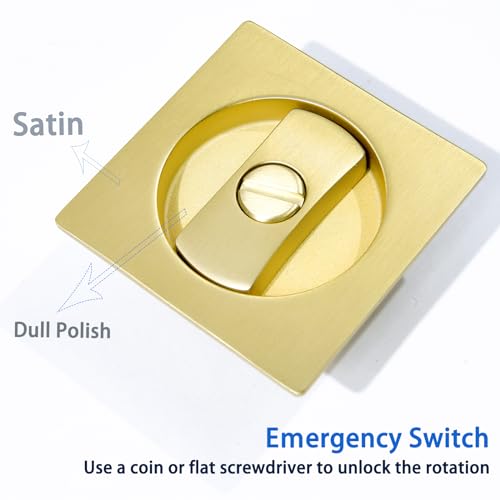 Dontay Pocket Door Privacy Lock Flush Handles 238 Backset BedBath Latch Recessed Knob Hardware for 1 38 to 2 316 Thickness Door Including Edge Pull Satin Brass Square 1 Pack - Image 3