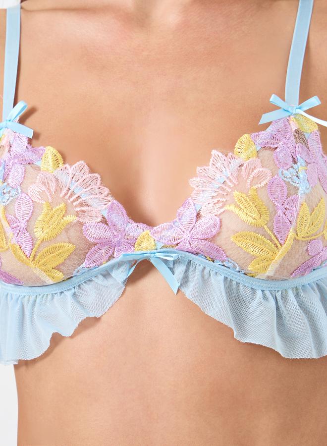 Take Two Floral Embroidery Ruffle Hem Wireless Bra with Thong Set - Image 3