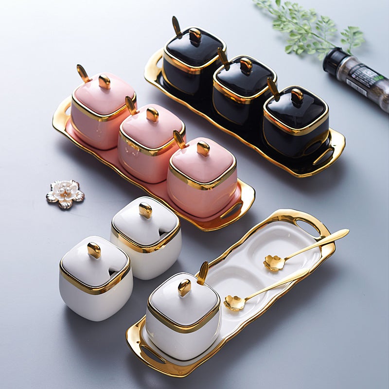 Ceramic Seasoning Jar Kitchen Supplies Light Luxury Seasoning Jar Set Household Seasoning Box Three-Piece Set Exquisite Salt Jar - Image 4