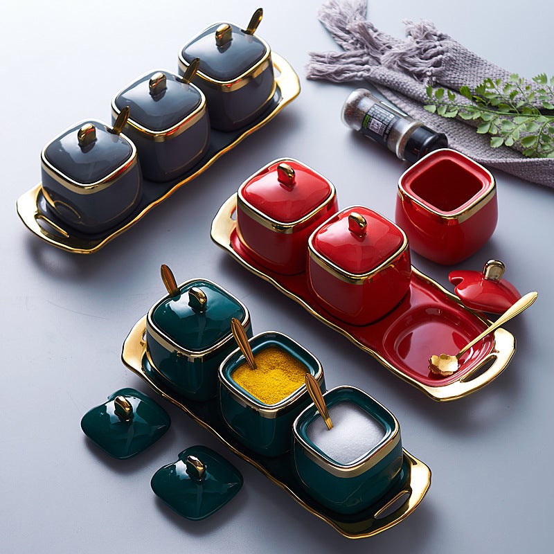 Ceramic Seasoning Jar Kitchen Supplies Light Luxury Seasoning Jar Set Household Seasoning Box Three-Piece Set Exquisite Salt Jar - Image 3