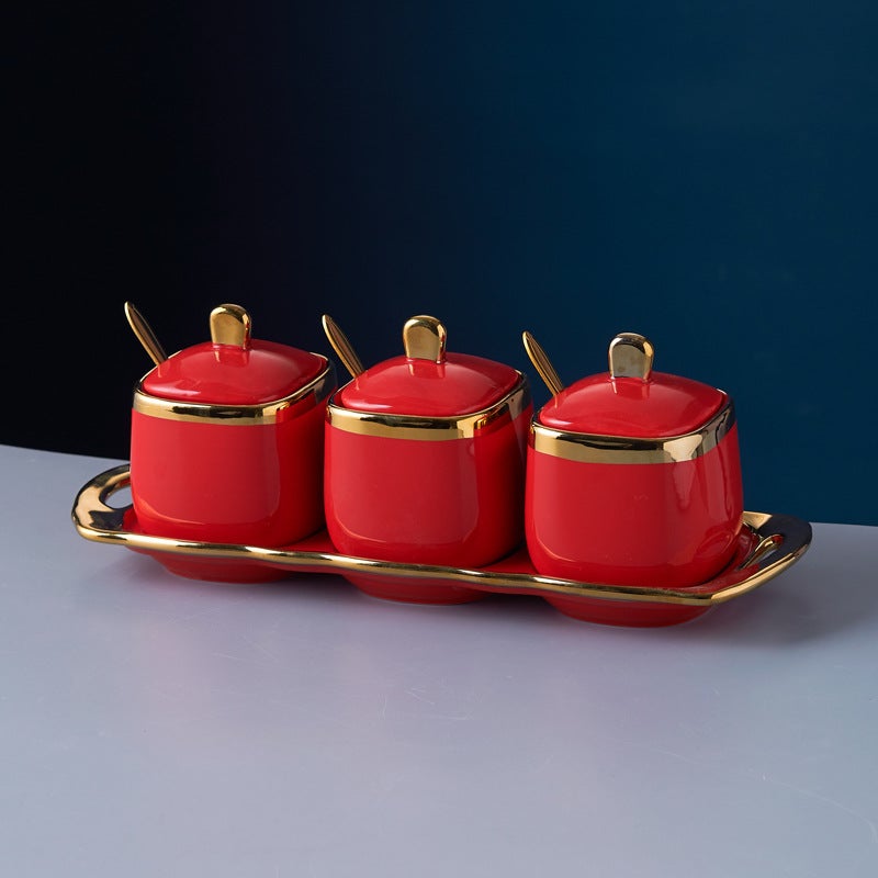 Ceramic Seasoning Jar Kitchen Supplies Light Luxury Seasoning Jar Set Household Seasoning Box Three-Piece Set Exquisite Salt Jar - Image 1