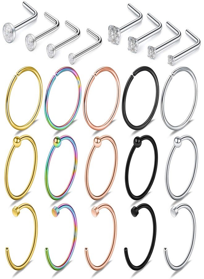 SCERRING 23PCS 22 Gauge Nose Rings Hoop Stainless Steel L Shaped Clear CZ Nose Studs Cartilage Daith Tragus Ear Piercing Ring Hoop Body Jewelry Set - Image 1
