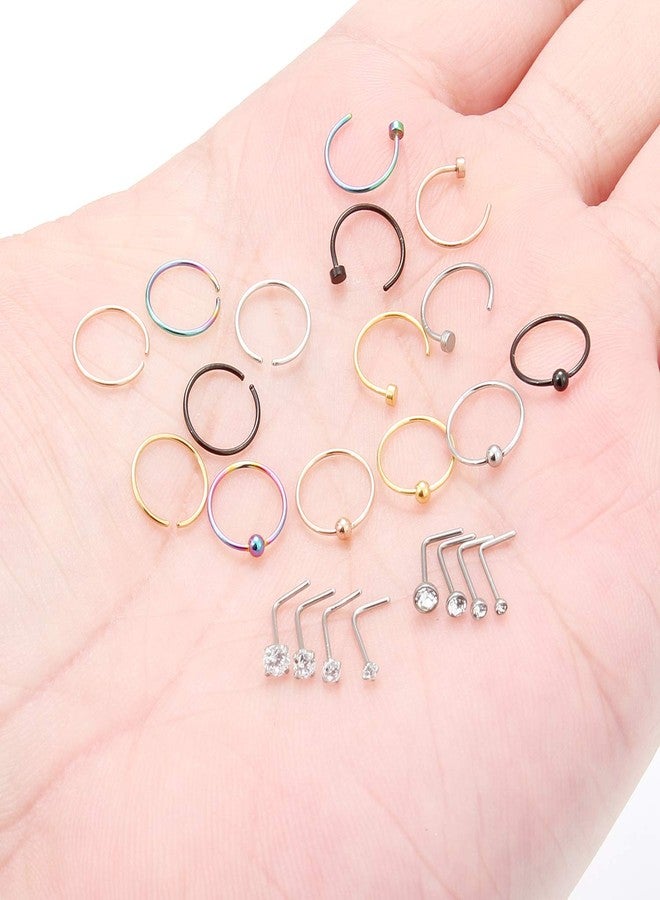 SCERRING 23PCS 22 Gauge Nose Rings Hoop Stainless Steel L Shaped Clear CZ Nose Studs Cartilage Daith Tragus Ear Piercing Ring Hoop Body Jewelry Set - Image 3
