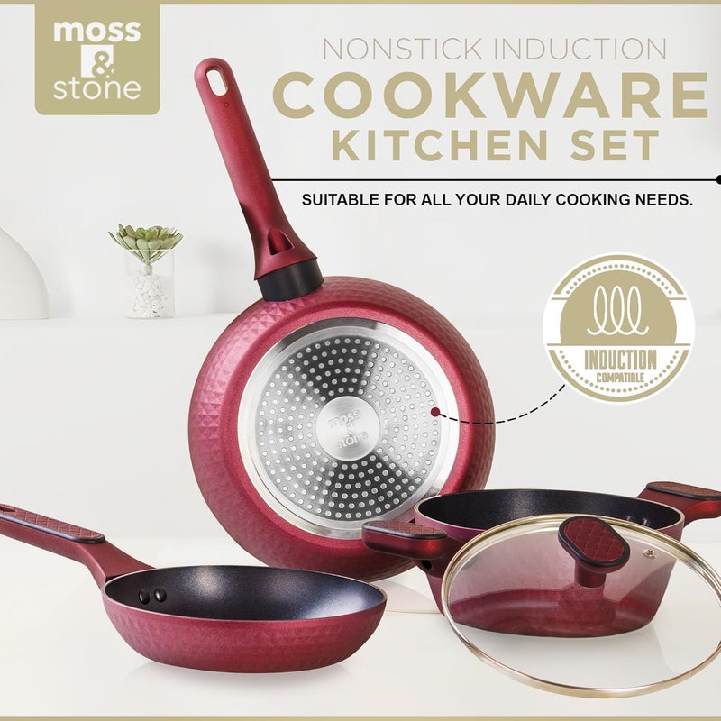 Moss & Stone Nonstick Induction Cookware Set, 4Pcs Aluminum Pots and Pans Set with Glass Lid, Burgundy Diamond Non Stick Casserole Pot & Fry Pan Set, Cooking Pots PTFE/PFOA/PFOS Free - Image 2