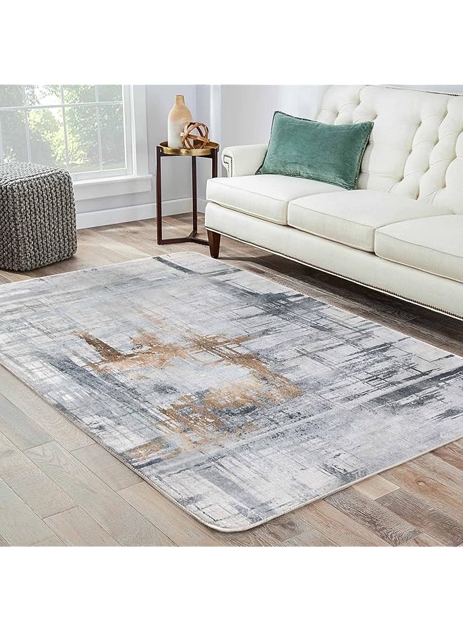 The Bros Carpet Rug Modern Abstract Rugs for Living Room Short Pile Soft Carpet Bedroom Modern Large Area Rugs for Living Room Non-slip Carpet Floor Mat Home Decor (Gold Grey, 80 x 120 cm) - Image 1