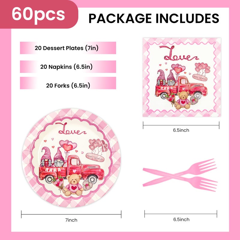 LDFDRT Valentines Day Party Decorations 7inch Paper Plates and Napkins Forks Disposable Set Serves 20 - Pink Galentines Day Party Supplies for Afternoon Tea,Gatherings,Weddings Cake Dessert(60 Pcs) - Image 2