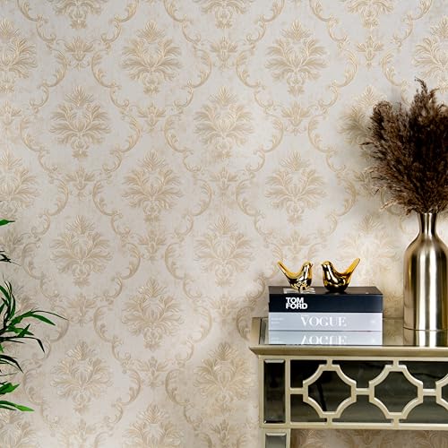 wolpin Non-Woven Wallpaper Non-Adhesive (53 x 950 CM) (Beige) | Textured Beige Damask Wallpaper with Shiny Finish | Decorative Wall Covering for Home & Office (54.18 Sq Ft) - Image 4