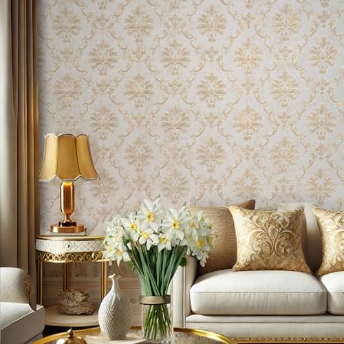 wolpin Non-Woven Wallpaper Non-Adhesive (53 x 950 CM) (Beige) | Textured Beige Damask Wallpaper with Shiny Finish | Decorative Wall Covering for Home & Office (54.18 Sq Ft) - Image 2
