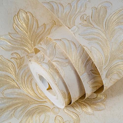 wolpin Non-Woven Wallpaper Non-Adhesive (53 x 950 CM) (Beige) | Textured Beige Damask Wallpaper with Shiny Finish | Decorative Wall Covering for Home & Office (54.18 Sq Ft) - Image 1