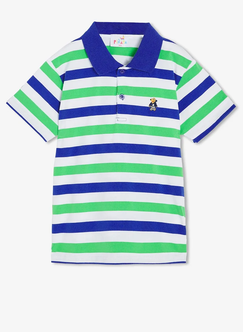 Pinata Cute Friend Print Striped Cotton Polo Tshirt