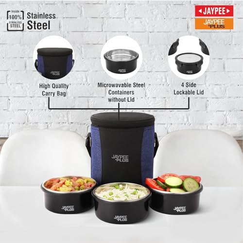 Jaypee Plus Microplus 400 ml Each Stainless Steel Office Lunch Box | BPA Free, Microwave Safe & Spillproof Airtight 3 Containers | Including Insulated Bag | Ideal for College & School (Black) - Image 3